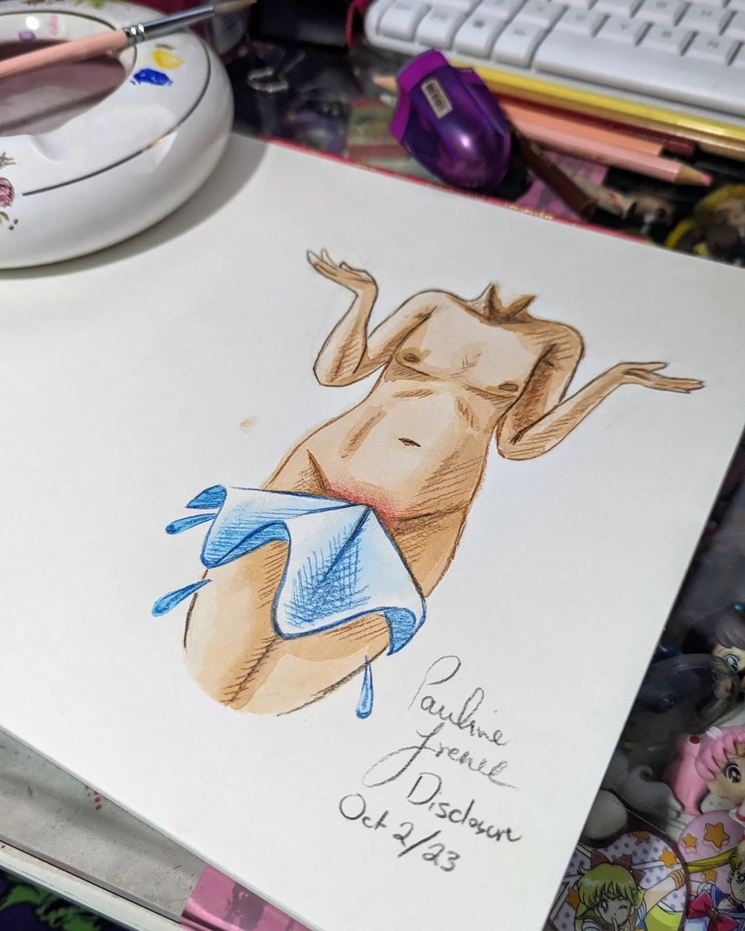 A water colour sheet on a desk featuring the shrugging body sneezing into the genital tissue. You're welcome for that sentence. 